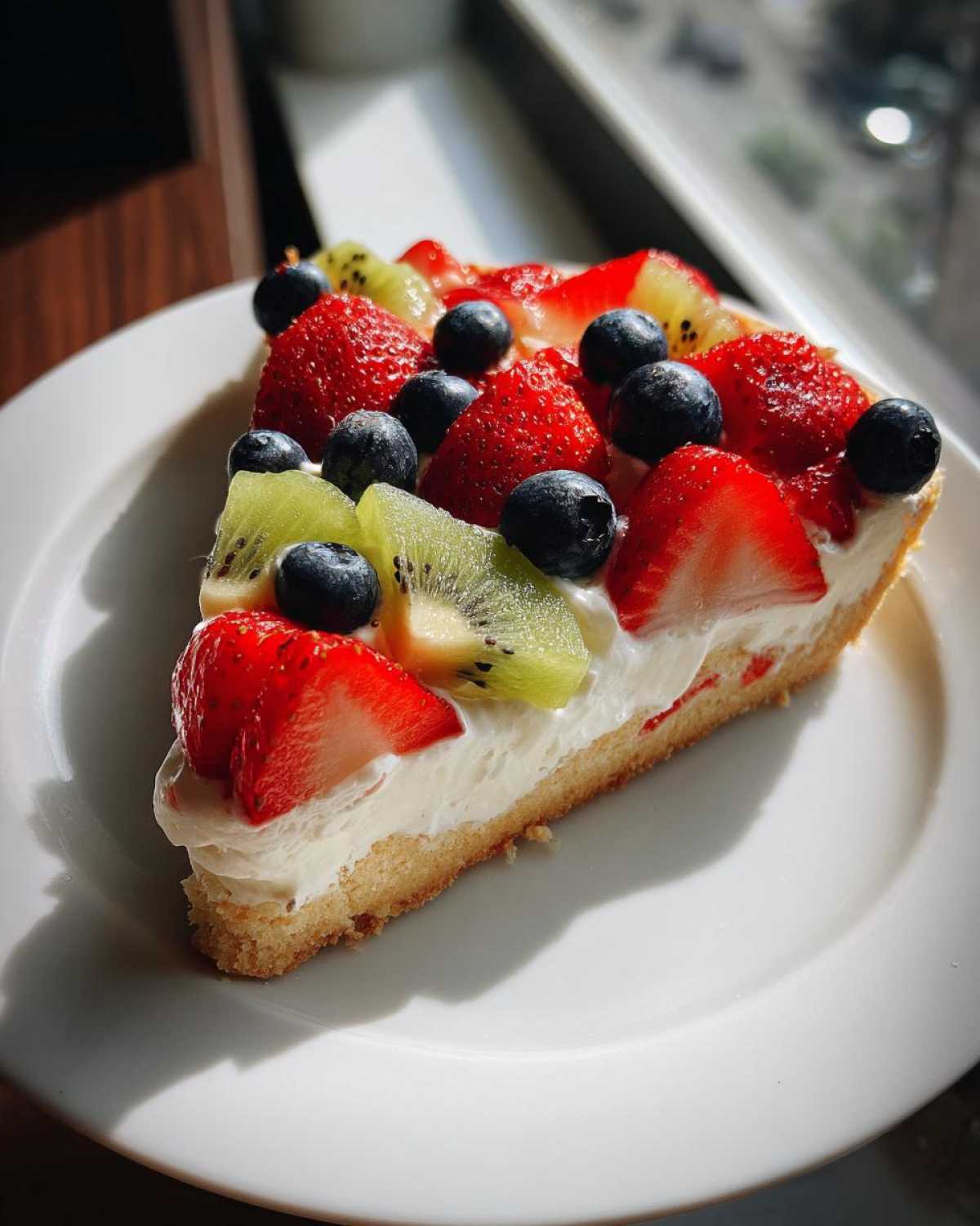 A slice of fruit pizza sugar cookie topped with whipped cream, strawberries, blueberries, and kiwi.