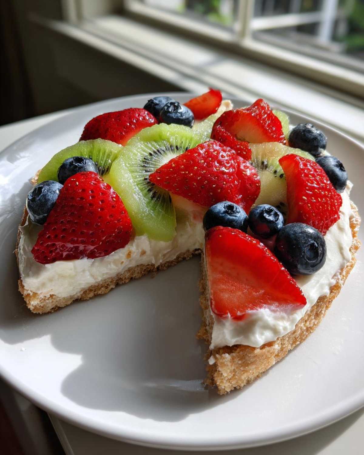 A slice removed from a fruit pizza sugar cookie topped with cream cheese frosting, strawberries, kiwi, and blueberries.