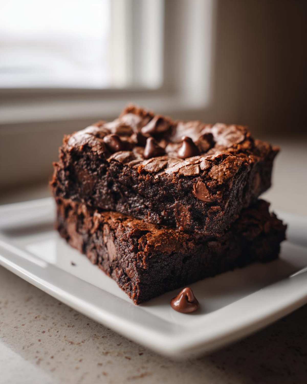Two stacked, fudgy black bean brownies topped generously with melted chocolate chips on a white plate.