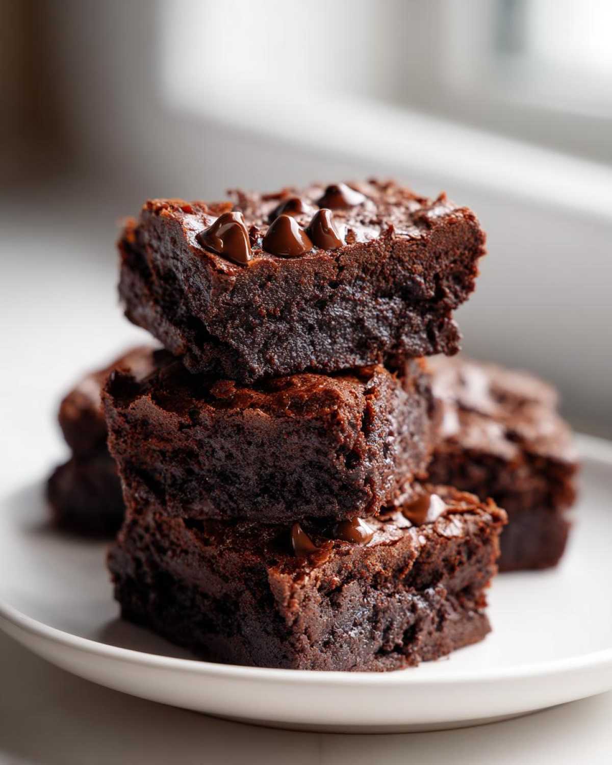 A stack of three fudgy black bean brownies topped with melted chocolate chips on a white plate.