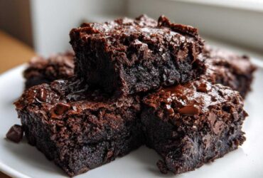Close-up of fudgy, rich black bean brownies stacked on a white plate, topped with melted chocolate chips.