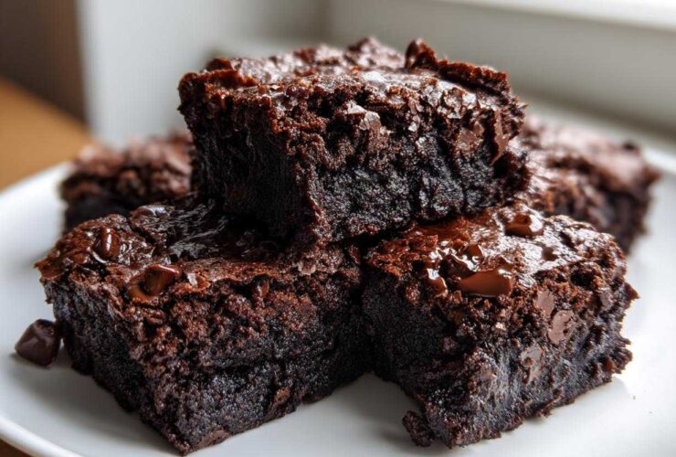 Close-up of fudgy, rich black bean brownies stacked on a white plate, topped with melted chocolate chips.