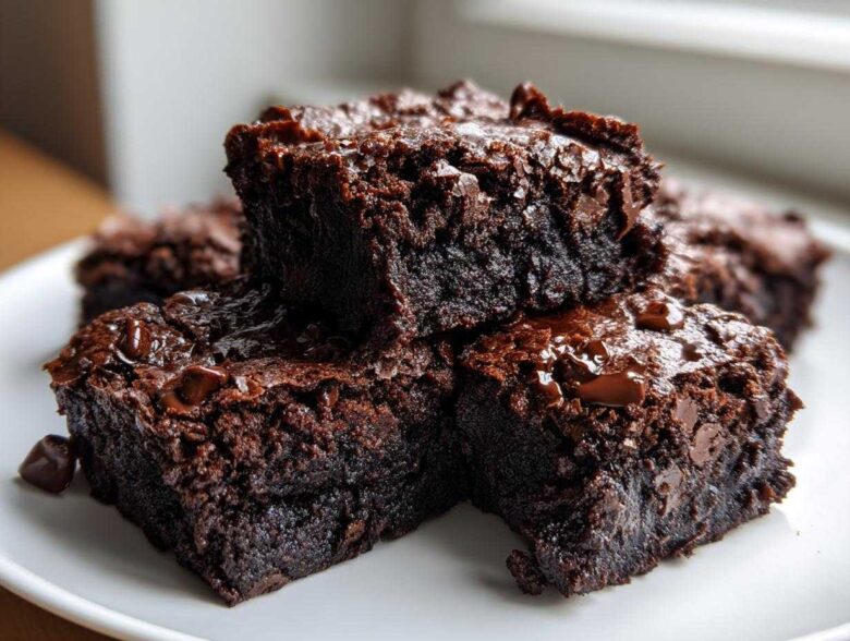 Close-up of fudgy, rich black bean brownies stacked on a white plate, topped with melted chocolate chips.