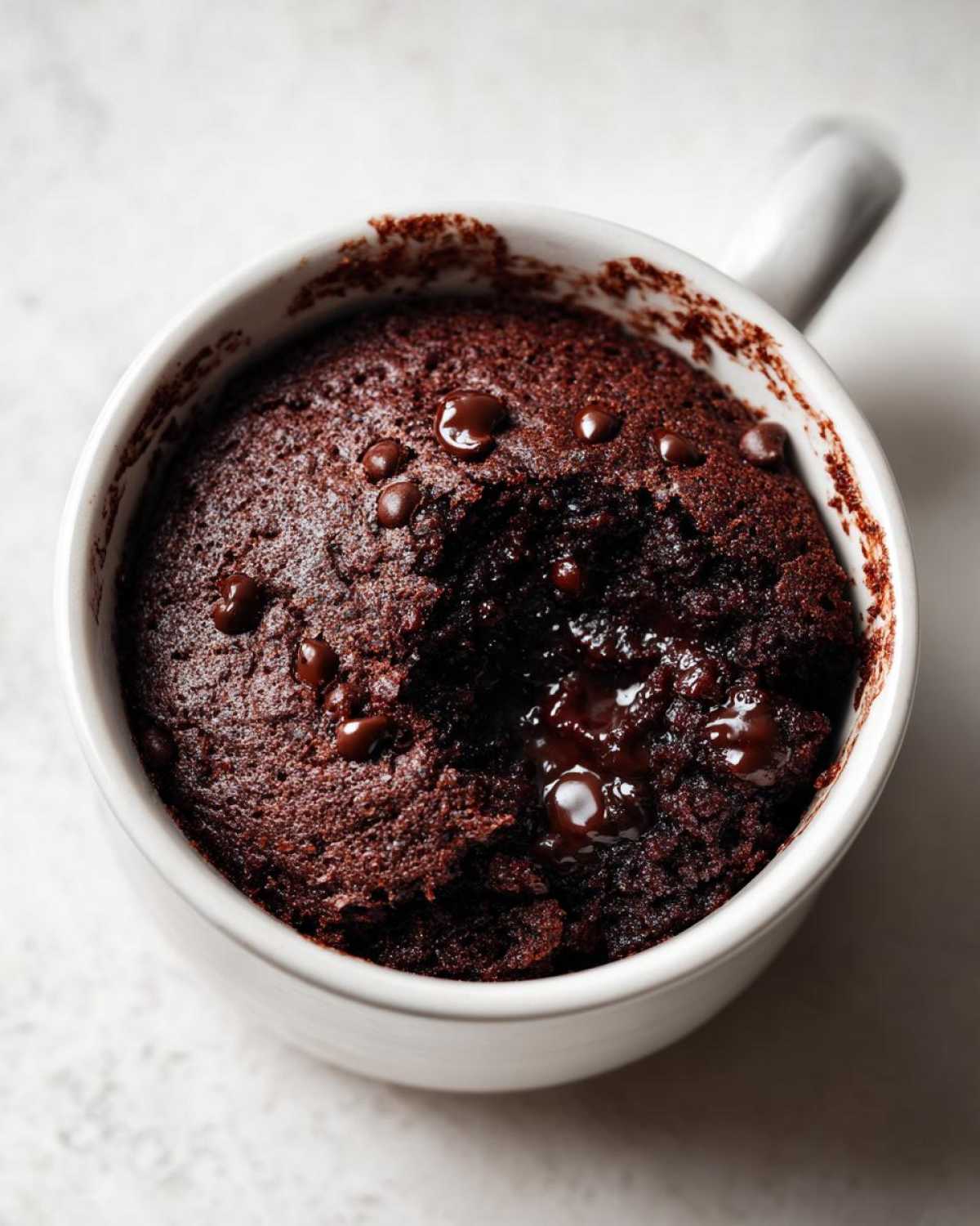 Close-up of a fudgy Cottage Cheese Microwave Brownie in a white mug with melted chocolate chips.