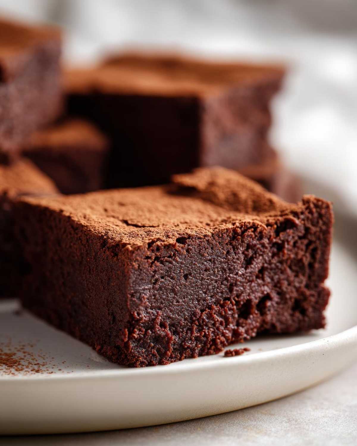 Close-up of a fudgy slice of sweet potato brownies dusted heavily with cocoa powder.