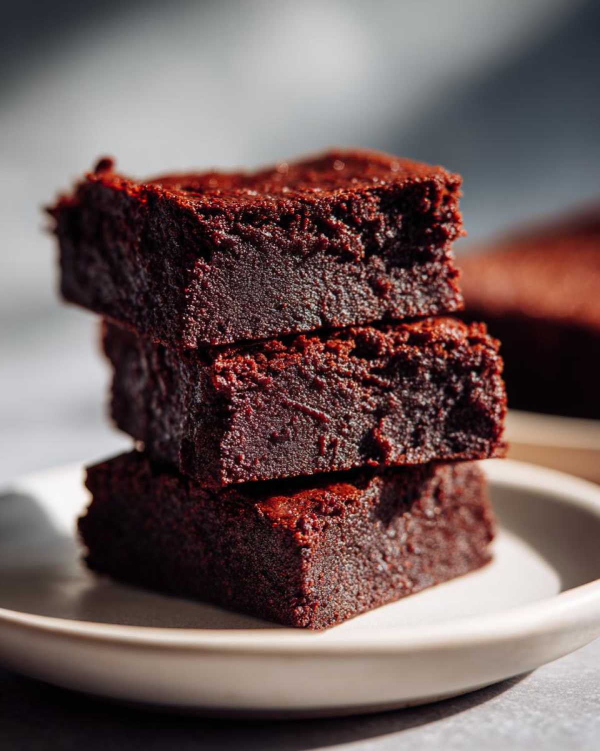 A stack of three rich, dark, fudgy sweet potato brownies sitting on a light-colored plate.