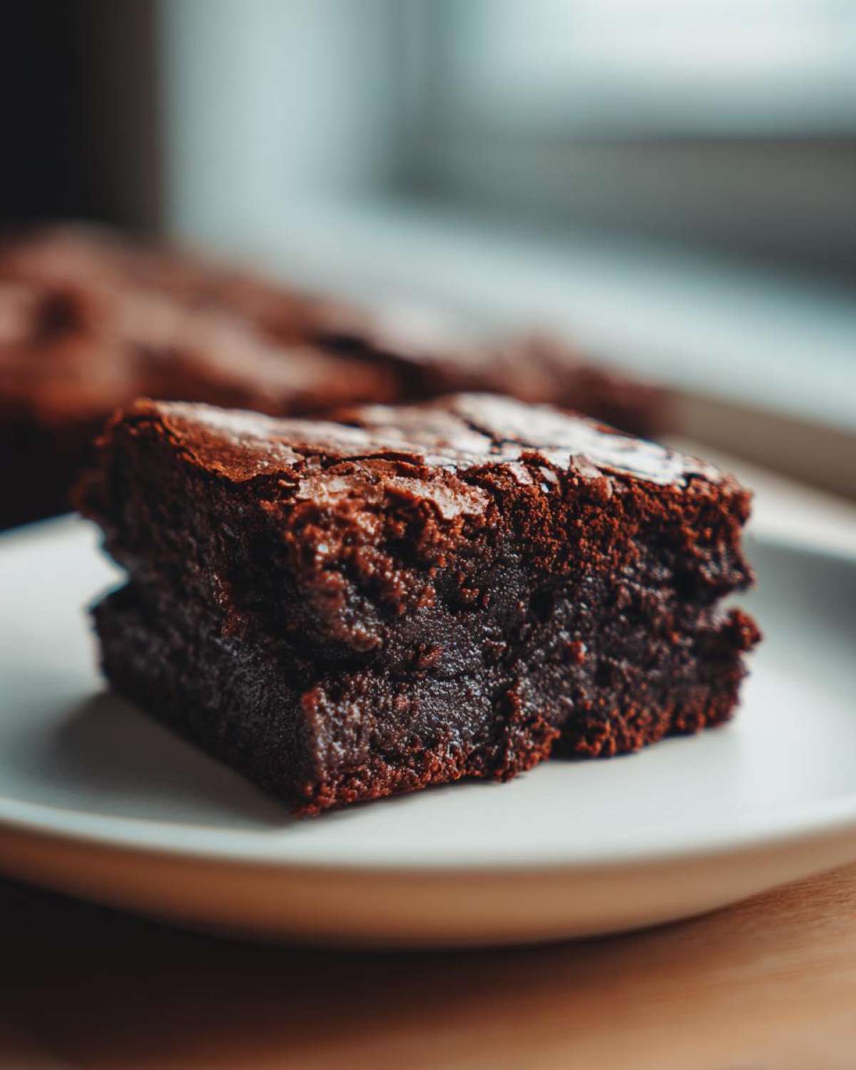 Close-up of two fudgy sweet potato brownies stacked on a white plate, showing a rich, dark chocolate texture.