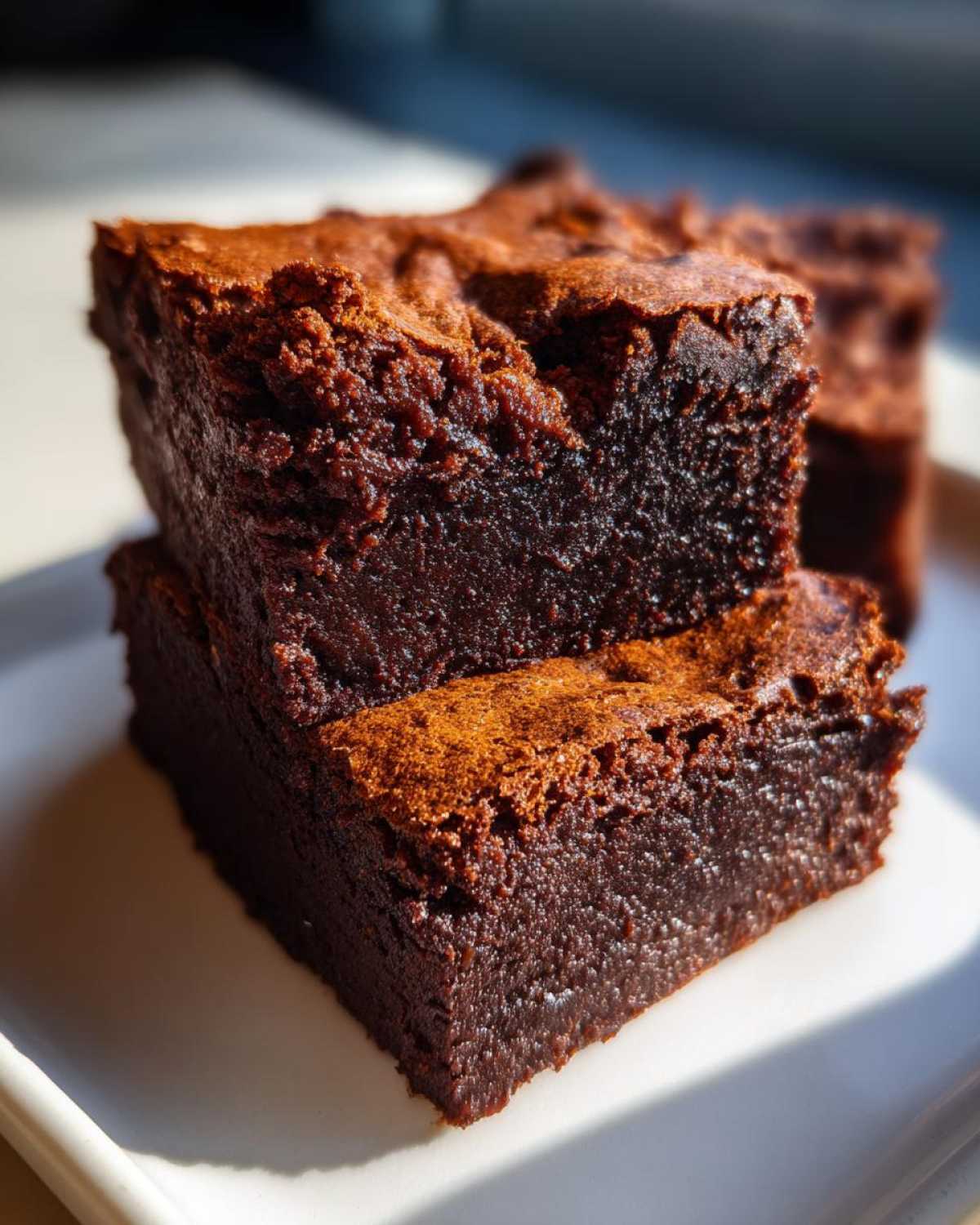 Close-up of two stacked, fudgy sweet potato brownies showing their dense, dark interior and crackly top.