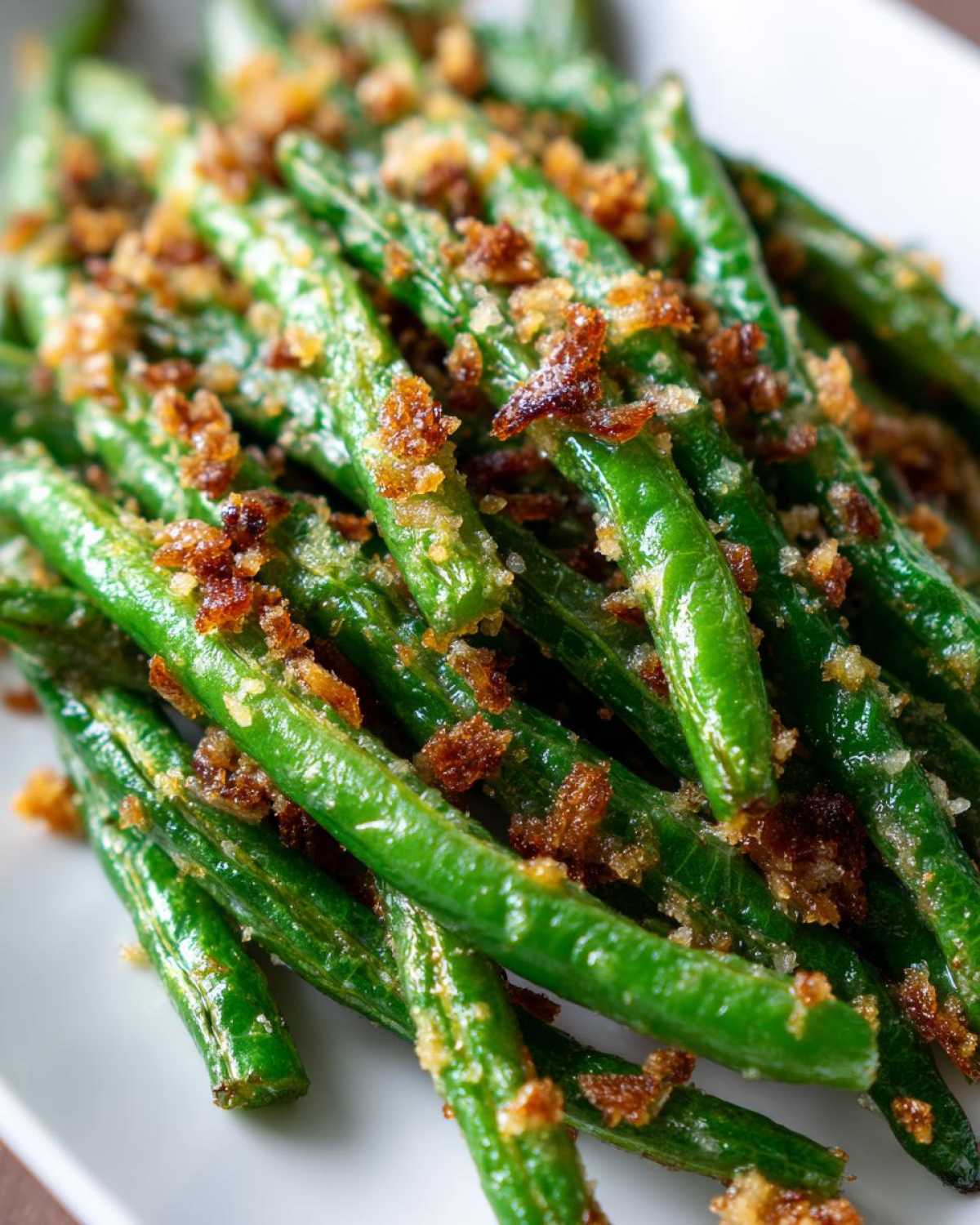 Close-up of bright green beans tossed with garlic and topped with crispy brown breadcrumbs.