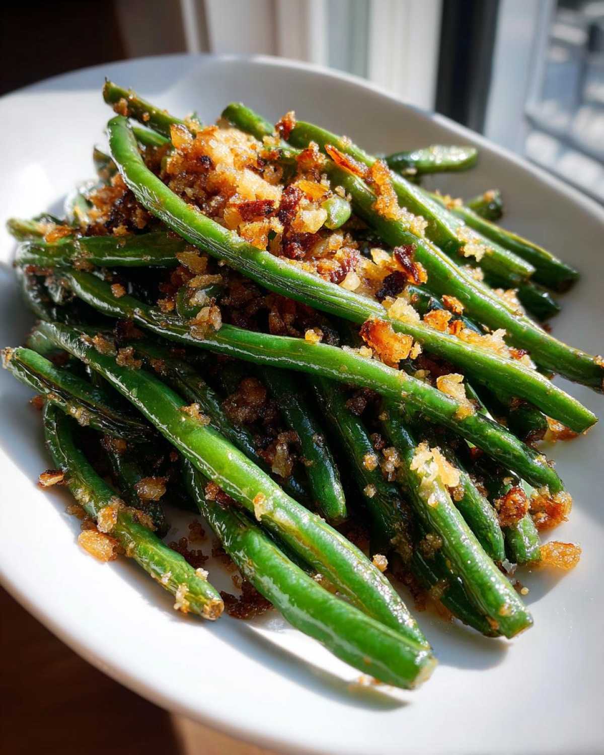 A close-up of bright green beans tossed with garlic and crispy breadcrumbs, ready to serve.