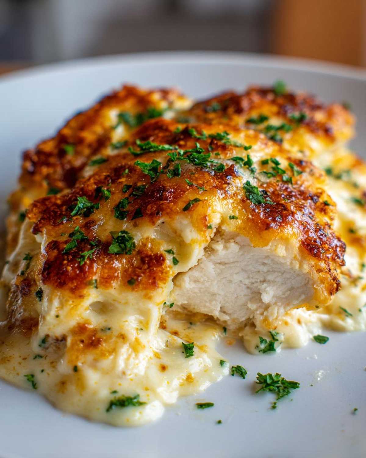 Close-up of a tender Garlic parmesan chicken bake piece, showing the white interior and creamy, browned cheese topping.