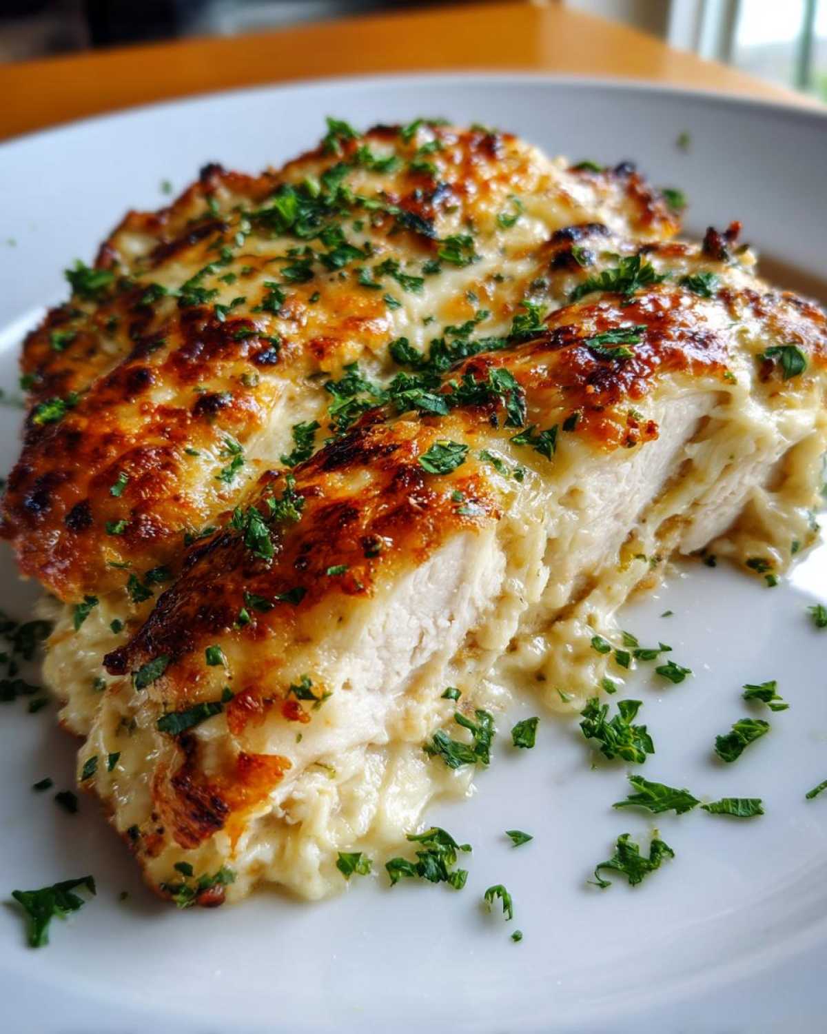 A cross-section of juicy Garlic parmesan chicken bake showing the creamy interior and golden, cheesy top, garnished with parsley.