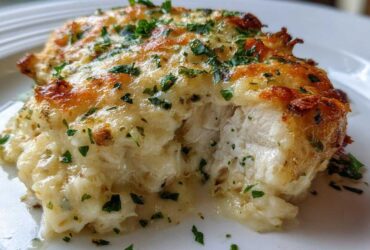 Close-up of a moist Garlic parmesan chicken bake, cut open to show white meat covered in melted, browned cheese and fresh parsley.
