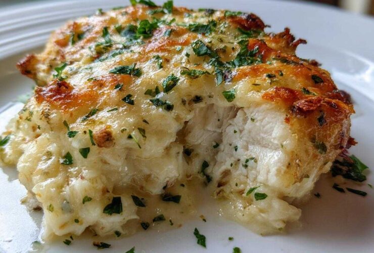 Close-up of a moist Garlic parmesan chicken bake, cut open to show white meat covered in melted, browned cheese and fresh parsley.
