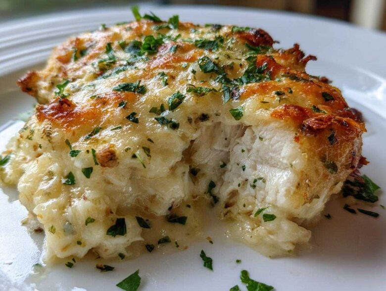 Close-up of a moist Garlic parmesan chicken bake, cut open to show white meat covered in melted, browned cheese and fresh parsley.