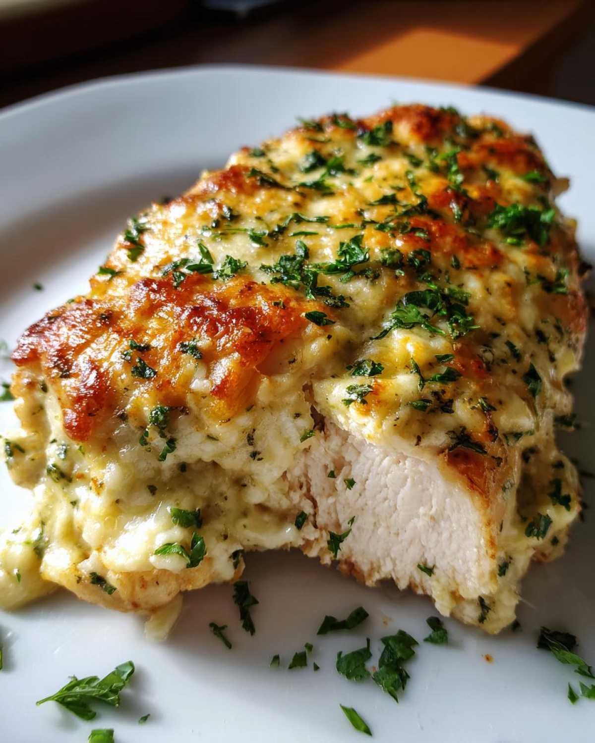 Close-up of a juicy Garlic parmesan chicken bake fillet showing the white interior and cheesy, browned topping.