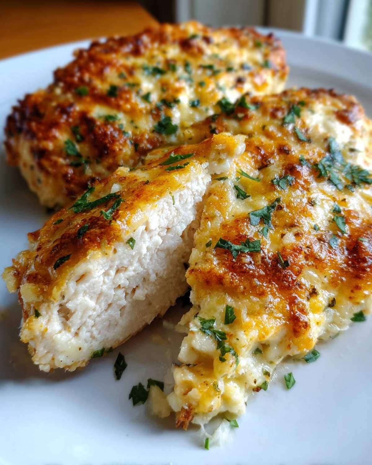 Close-up of a Garlic parmesan chicken bake, showing juicy white meat inside and a golden, cheesy crust on top.