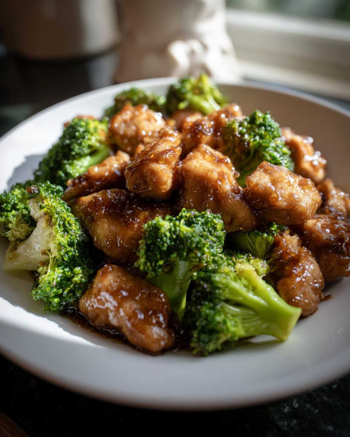 A close-up of tender pieces of glazed chicken and bright green broccoli florets served in a white bowl.