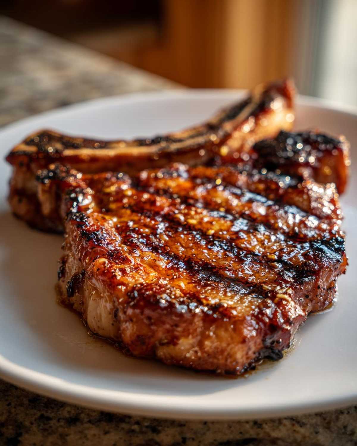 Close-up of a perfectly grilled, glazed pork chop showing distinct char marks, likely using a great marinade for pork chops.