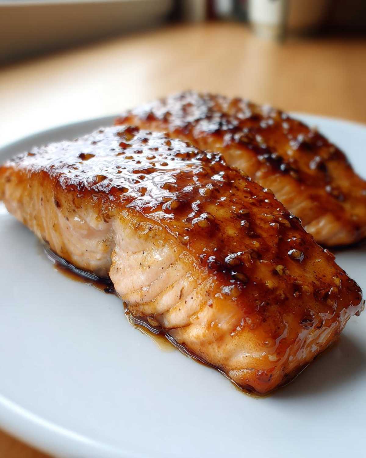 Two perfectly cooked fillets of glazed salmon with a shiny, dark sauce resting on a white plate.
