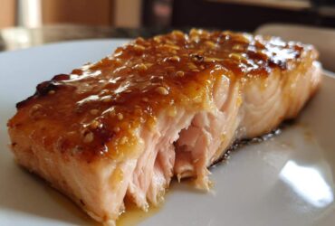Close-up of a perfectly cooked, flaky salmon fillet topped with a sticky, sweet glaze and sesame seeds.