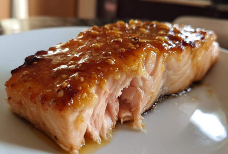 Close-up of a perfectly cooked, flaky salmon fillet topped with a sticky, sweet glaze and sesame seeds.