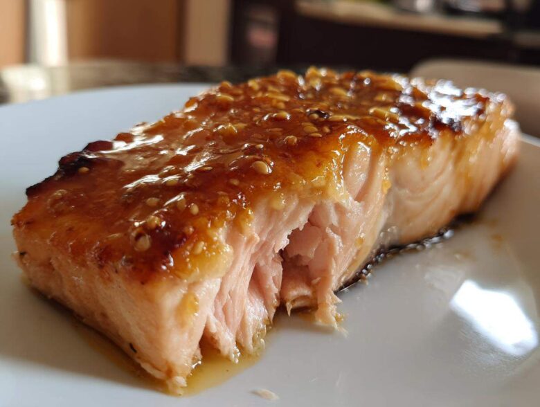 Close-up of a perfectly cooked, flaky salmon fillet topped with a sticky, sweet glaze and sesame seeds.