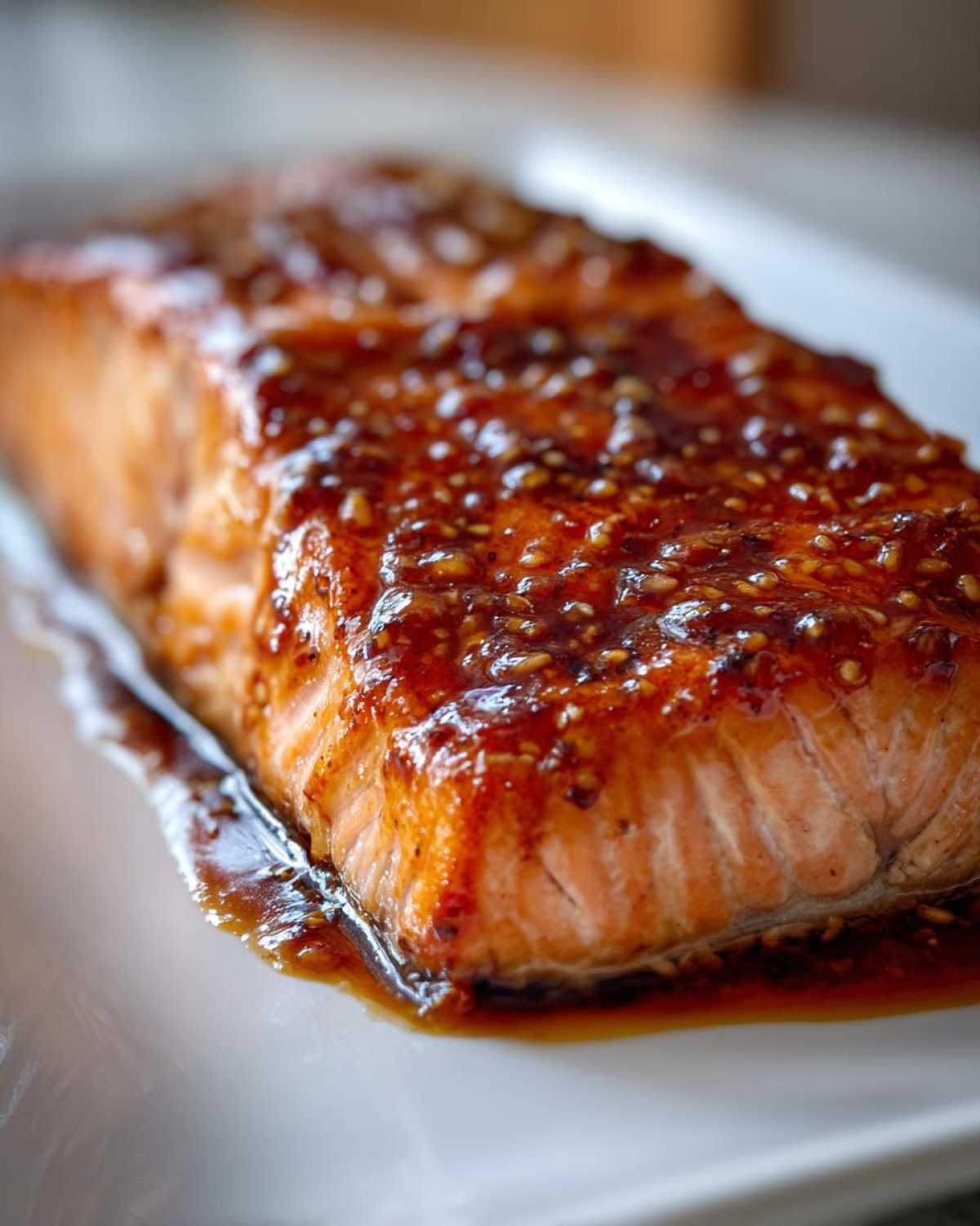 Close-up of a perfectly cooked salmon fillet coated in a thick, glossy, brown glaze with visible sesame seeds.