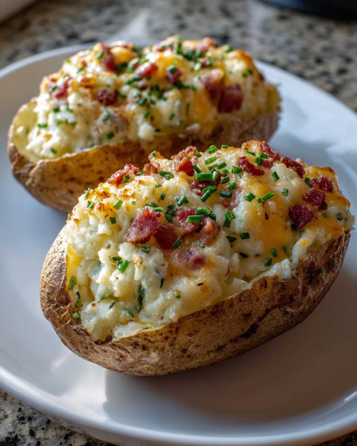 Two perfectly prepared twice-baked potatoes loaded with creamy filling, melted cheese, bacon bits, and fresh chives.