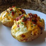 Two perfectly baked twice-baked potatoes loaded with melted cheddar, bacon bits, and chives.
