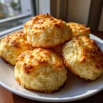 A stack of fluffy, golden-brown baked egg bites sitting on a white plate near a window.