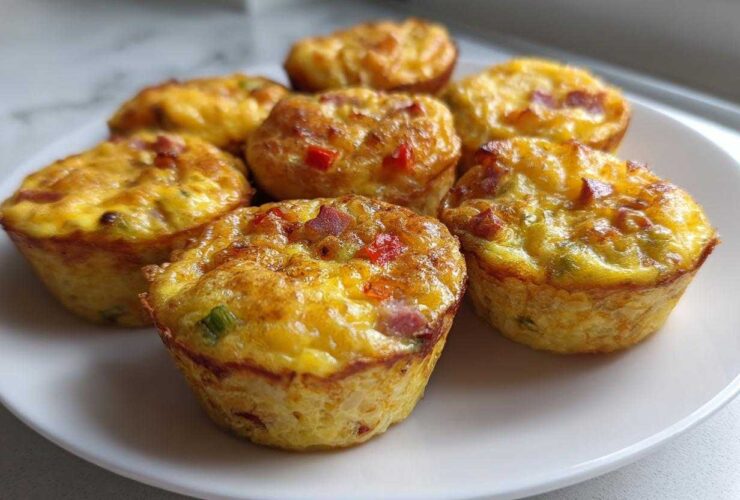 A close-up of six freshly baked Egg Muffin Cups with visible bits of bacon and peppers, served on a white plate.