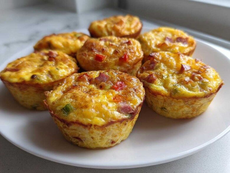 A close-up of six freshly baked Egg Muffin Cups with visible bits of bacon and peppers, served on a white plate.
