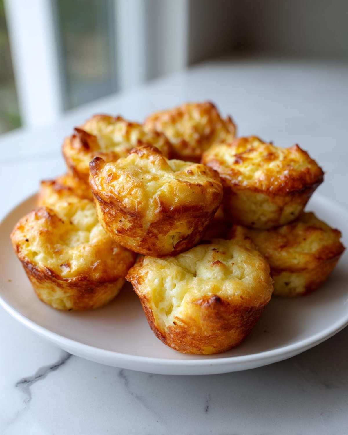 A stack of golden brown cottage cheese egg cups starbucks style served on a white plate.