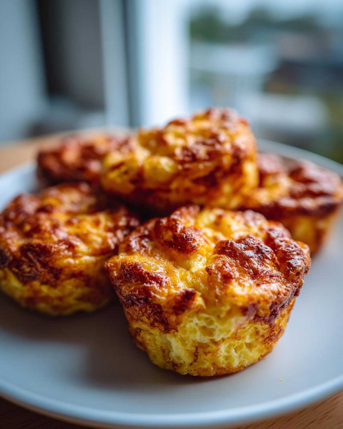 Close-up of several freshly baked, golden brown egg bites piled on a light blue plate.
