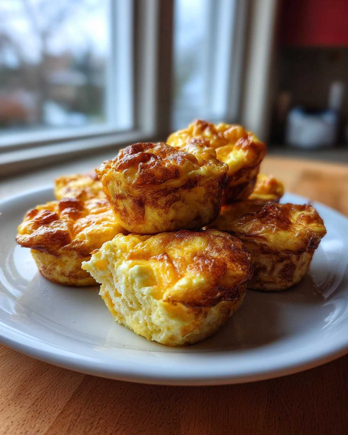 A stack of golden brown, fluffy egg bites with a cheesy top served on a white plate near a window.