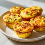 Close-up of six golden brown Egg Muffin Cups filled with visible pieces of ham and vegetables on a light plate.