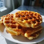 A stack of golden brown, fluffy high protein waffles served on a white plate in bright sunlight.