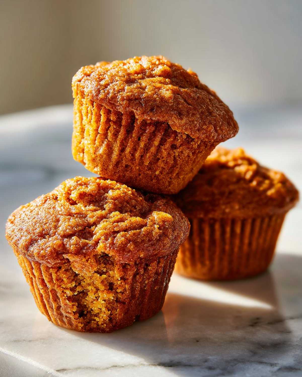 Three golden brown honey bran muffins stacked on a white marble surface with strong directional light.