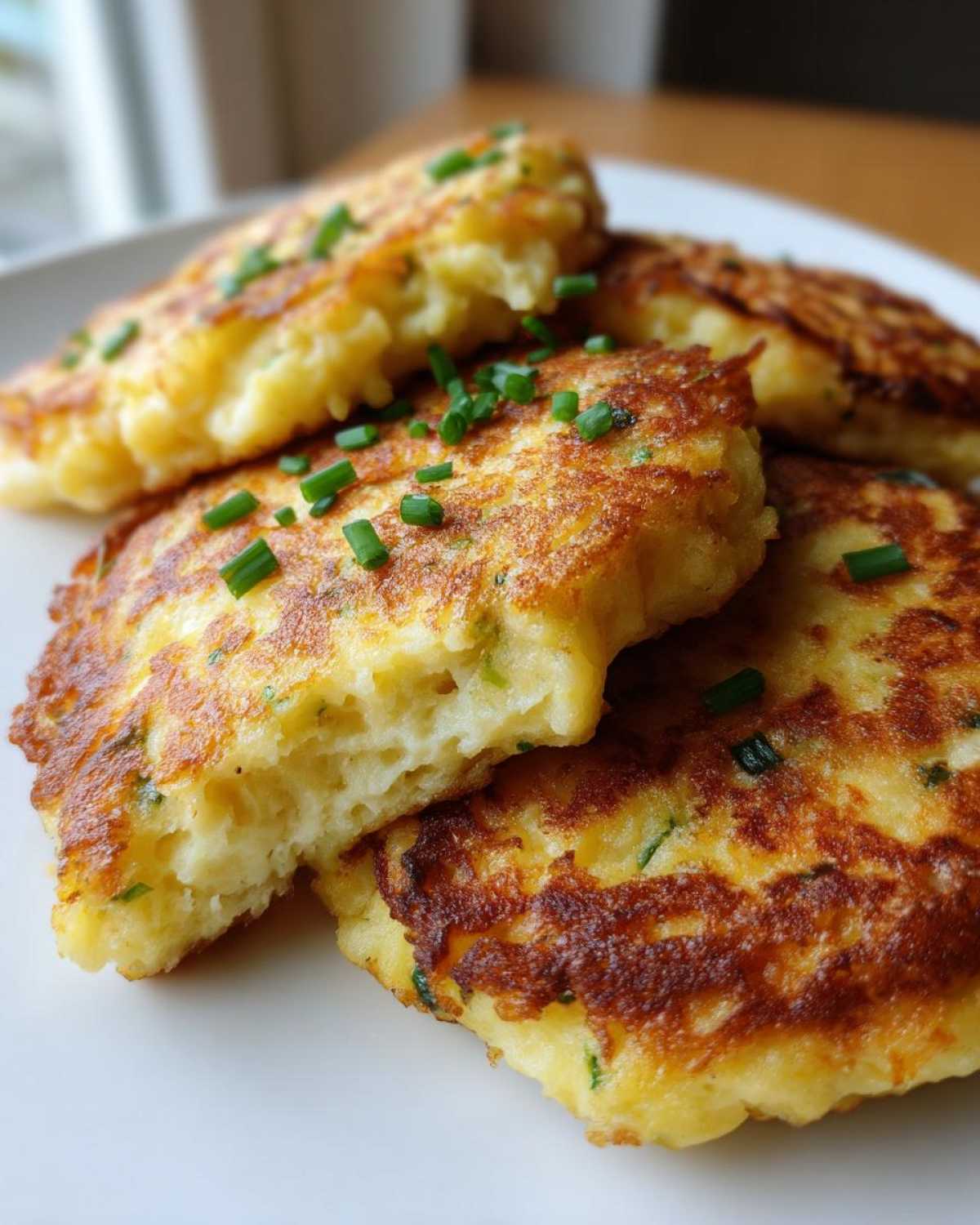 A stack of golden brown, pan-fried mashed potato cakes topped with fresh chopped chives.