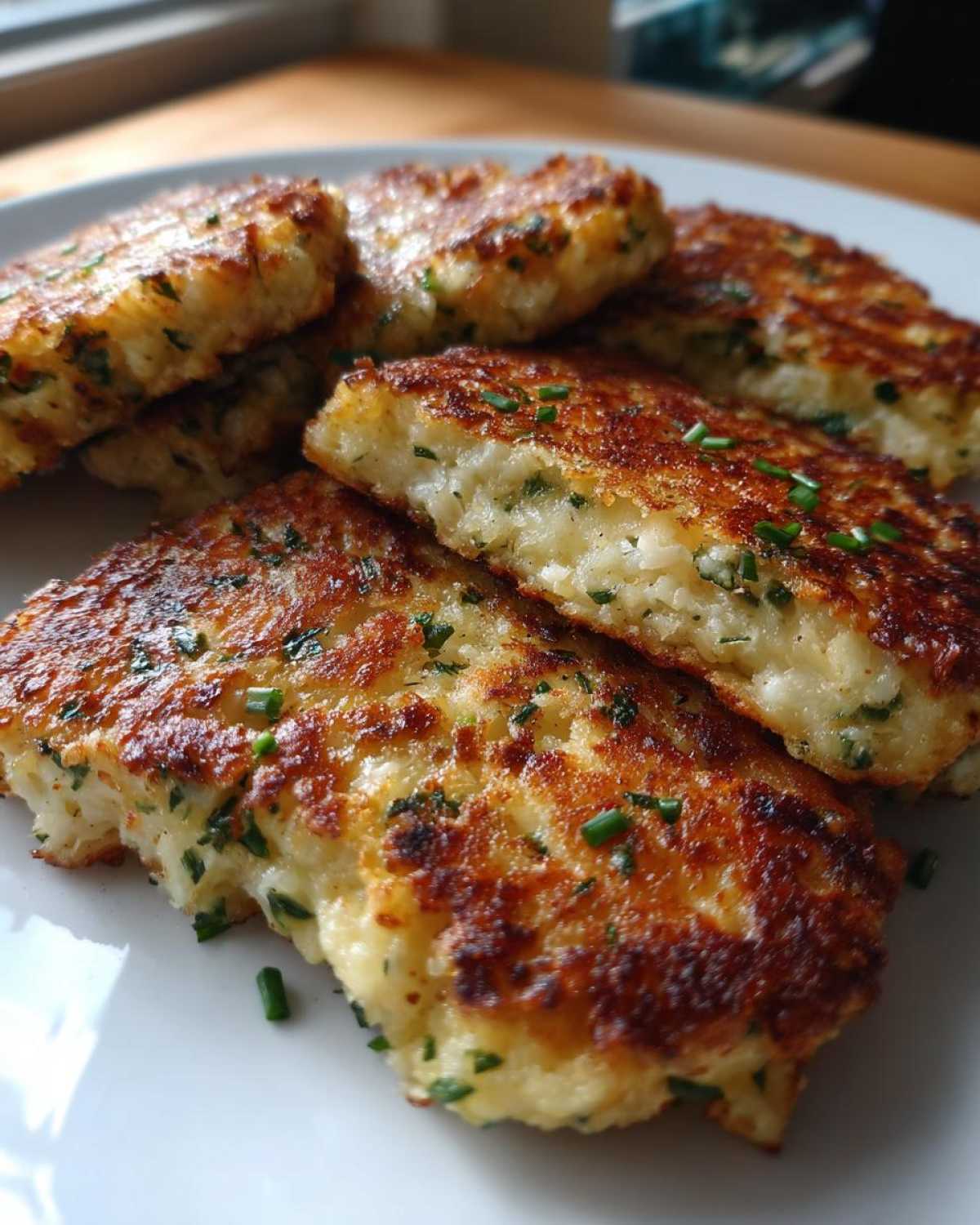 A close-up of several golden brown mashed potato cakes stacked on a white plate, showing a fluffy interior and chives.