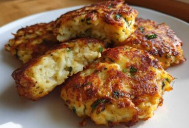 A close-up of several golden brown, pan-fried mashed potato cakes, one cut open to show the fluffy interior.
