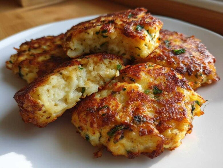 A close-up of several golden brown, pan-fried mashed potato cakes, one cut open to show the fluffy interior.