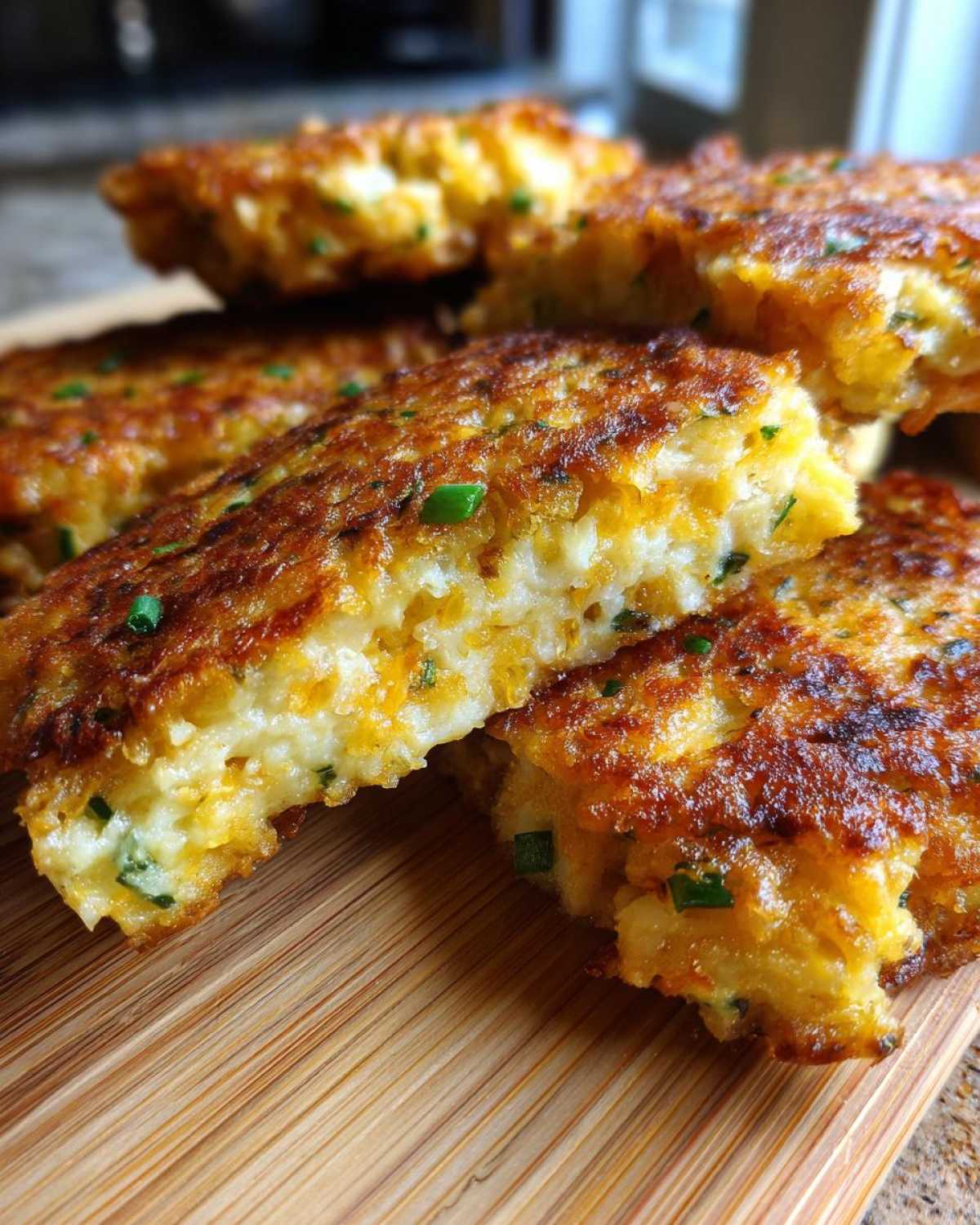 Close-up of crispy, golden brown mashed potato cakes, one cut open revealing cheesy interior and chives.
