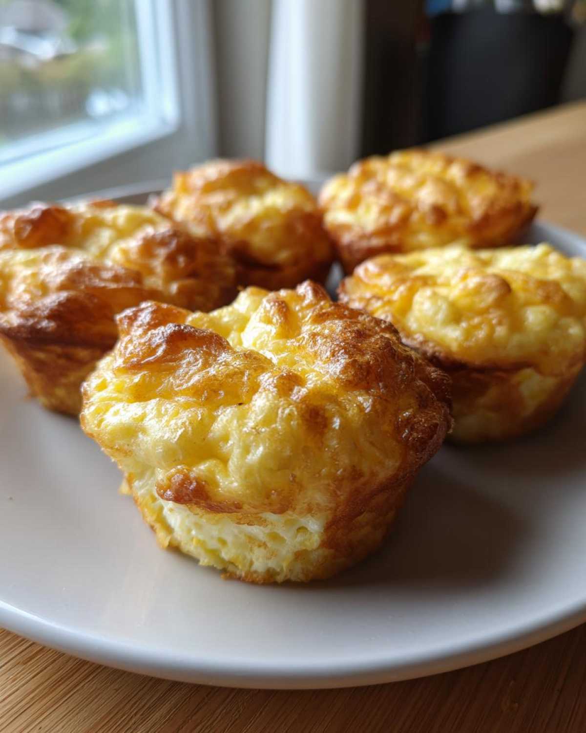 Close-up of several golden brown, fluffy egg bites served on a light-colored plate near a window.
