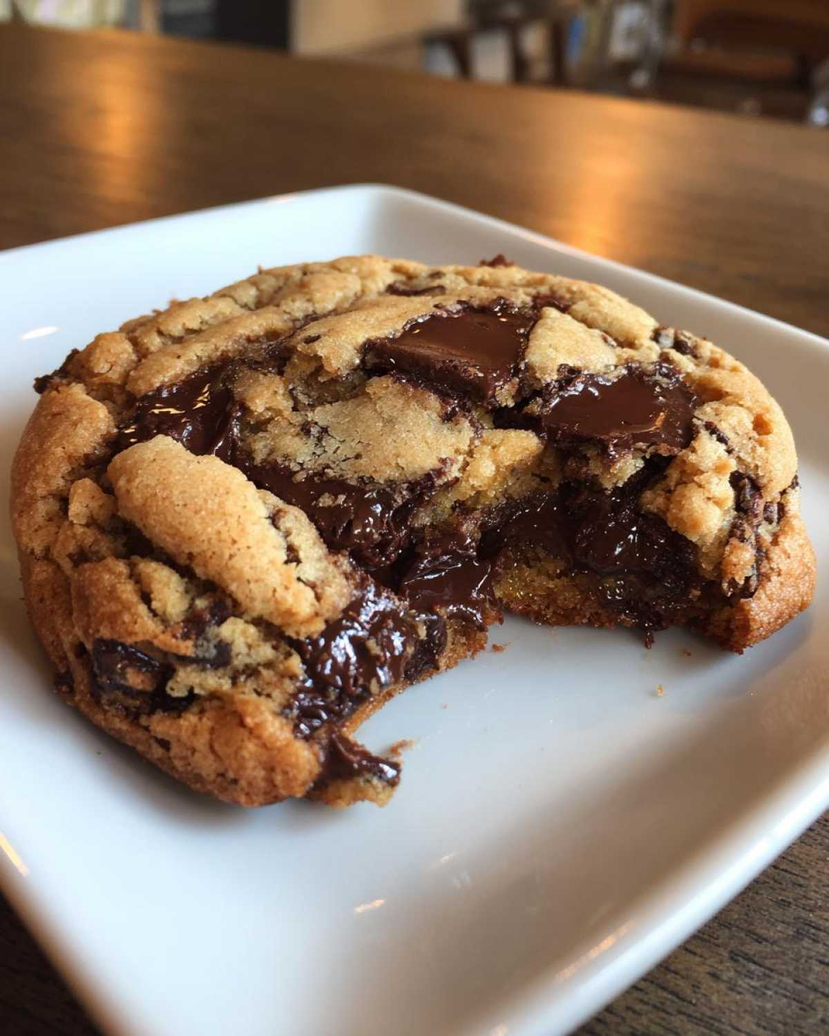 A close-up of a warm chocolate chip cookie with a bite taken out, showing melted chocolate.