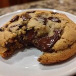 Close-up of a warm, soft chocolate chip cookie with a bite taken out, revealing melted chocolate.