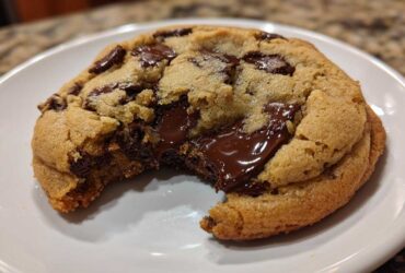 Close-up of a warm, soft chocolate chip cookie with a bite taken out, revealing melted chocolate.