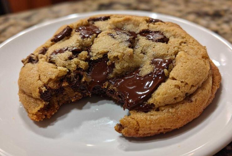 Close-up of a warm, soft chocolate chip cookie with a bite taken out, revealing melted chocolate.