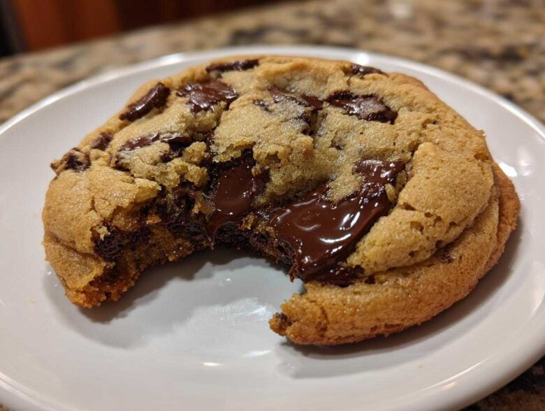 Close-up of a warm, soft chocolate chip cookie with a bite taken out, revealing melted chocolate.
